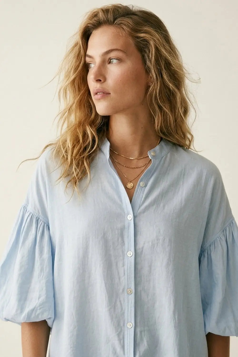 Light Blue Button-Back Puff Sleeve Blouse - One Size / Blue - Shirts