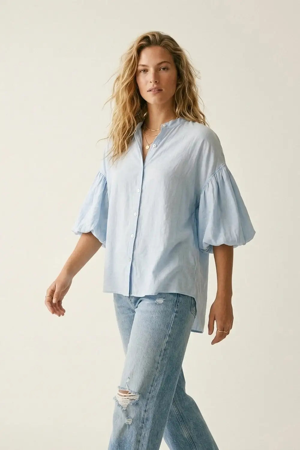 Light Blue Button-Back Puff Sleeve Blouse - One Size / Blue - Shirts
