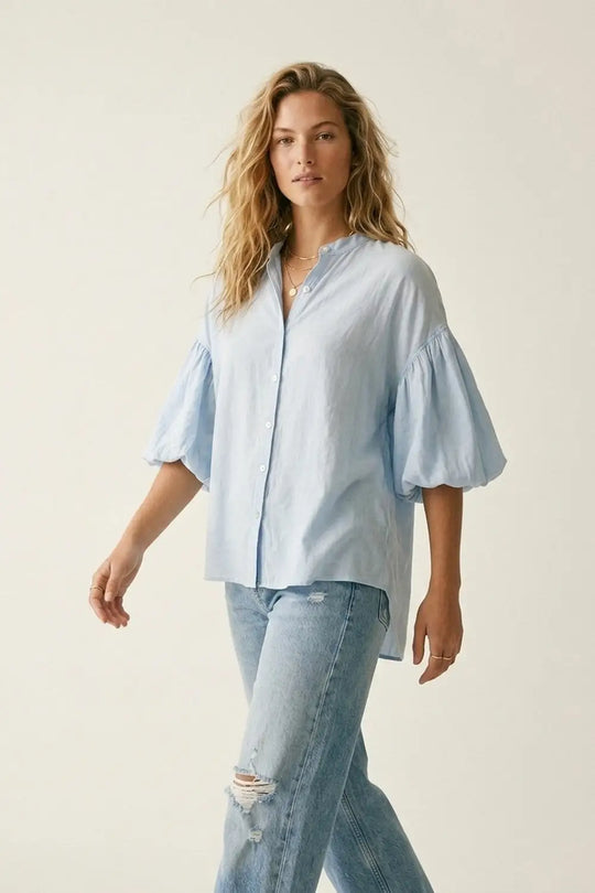 Light Blue Button-Back Puff Sleeve Blouse - One Size / Blue - Shirts