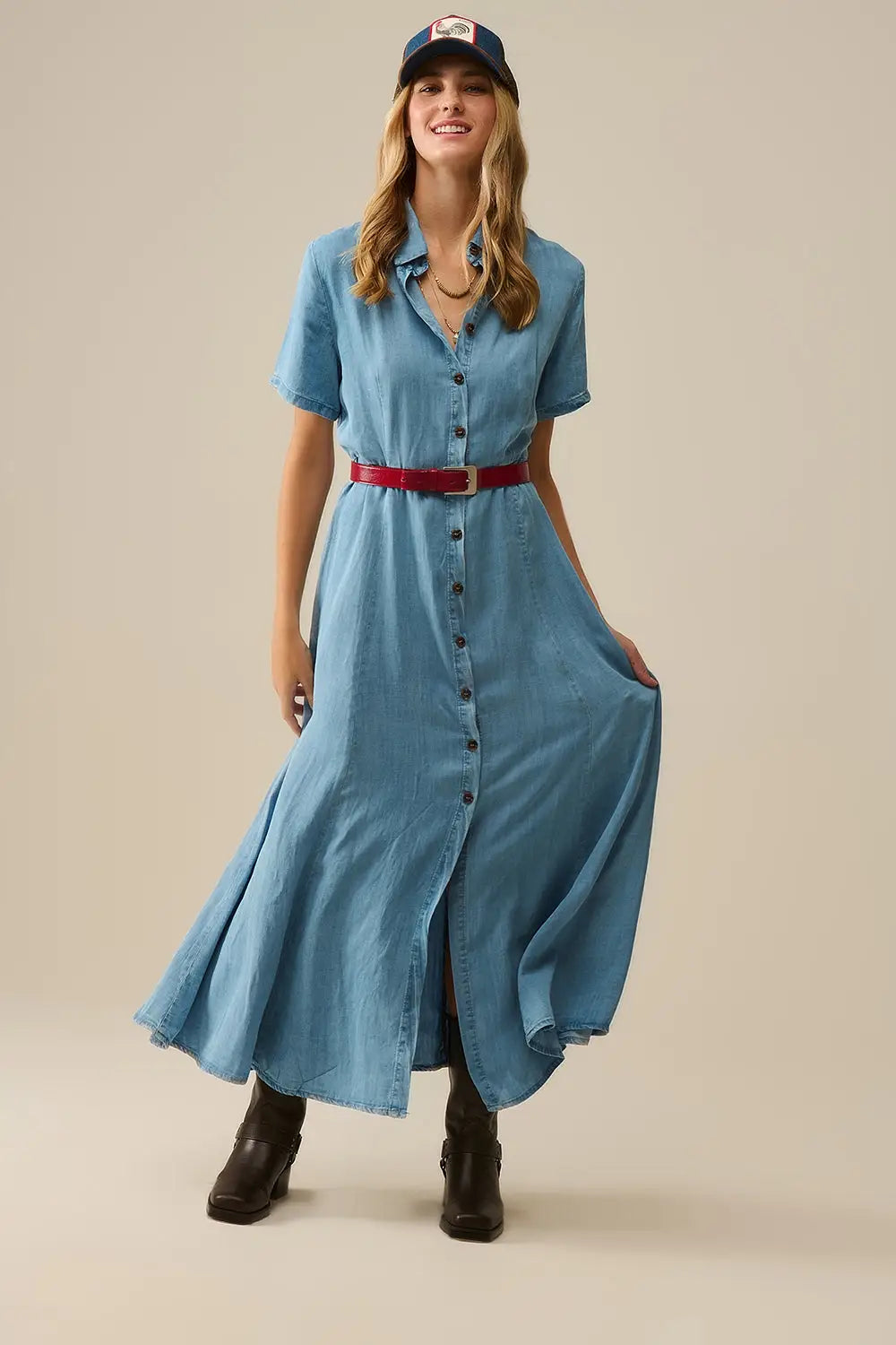 Light Blue Buttoned Tencel fabric Maxi Dress - Dresses