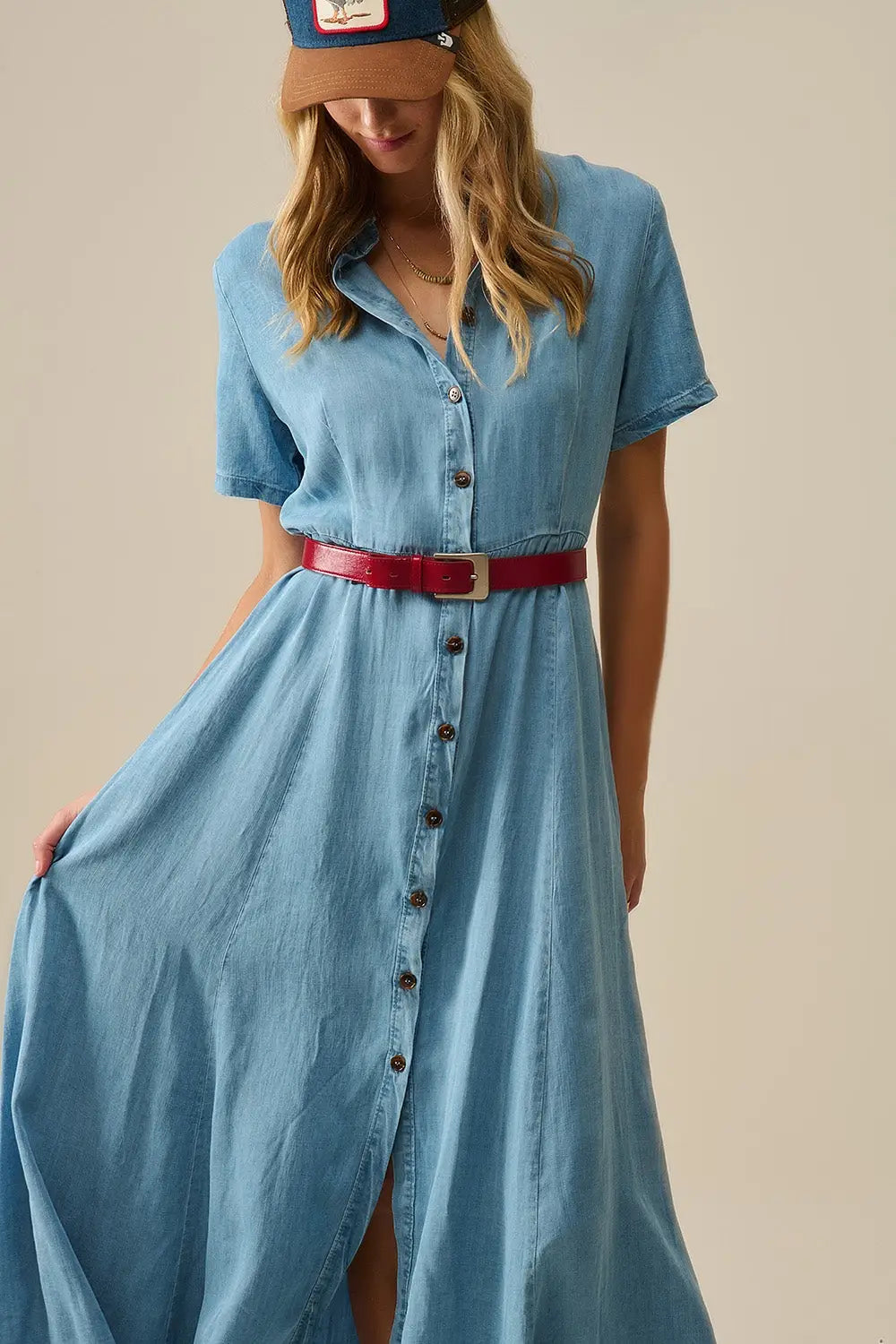 Light Blue Buttoned Tencel fabric Maxi Dress - Dresses
