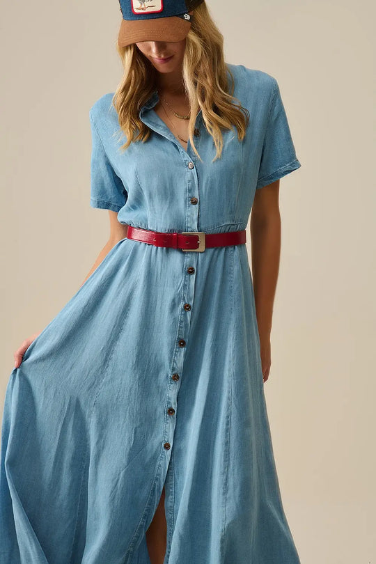 Light Blue Buttoned Tencel fabric Maxi Dress - Dresses