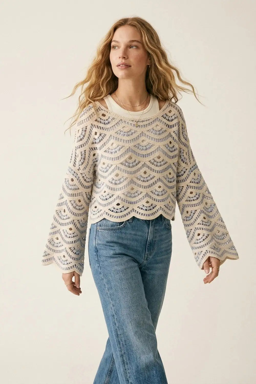 Light Blue Crochet Scalloped Top With Wide Sleeve - One Size / Blue - Sweaters