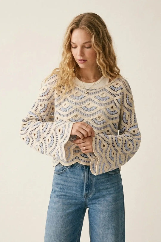 Q2 Light Blue Crochet Scalloped Top With Wide Sleeve