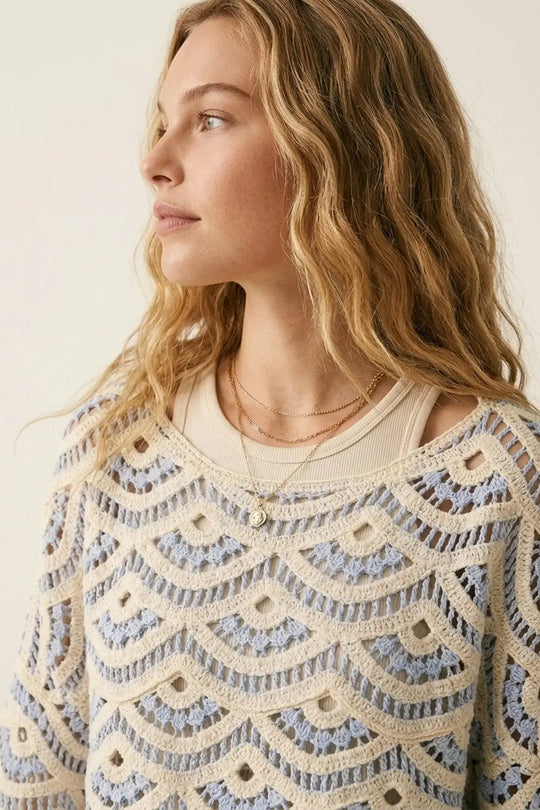 Light Blue Crochet Scalloped Top With Wide Sleeve - One Size / Blue - Sweaters