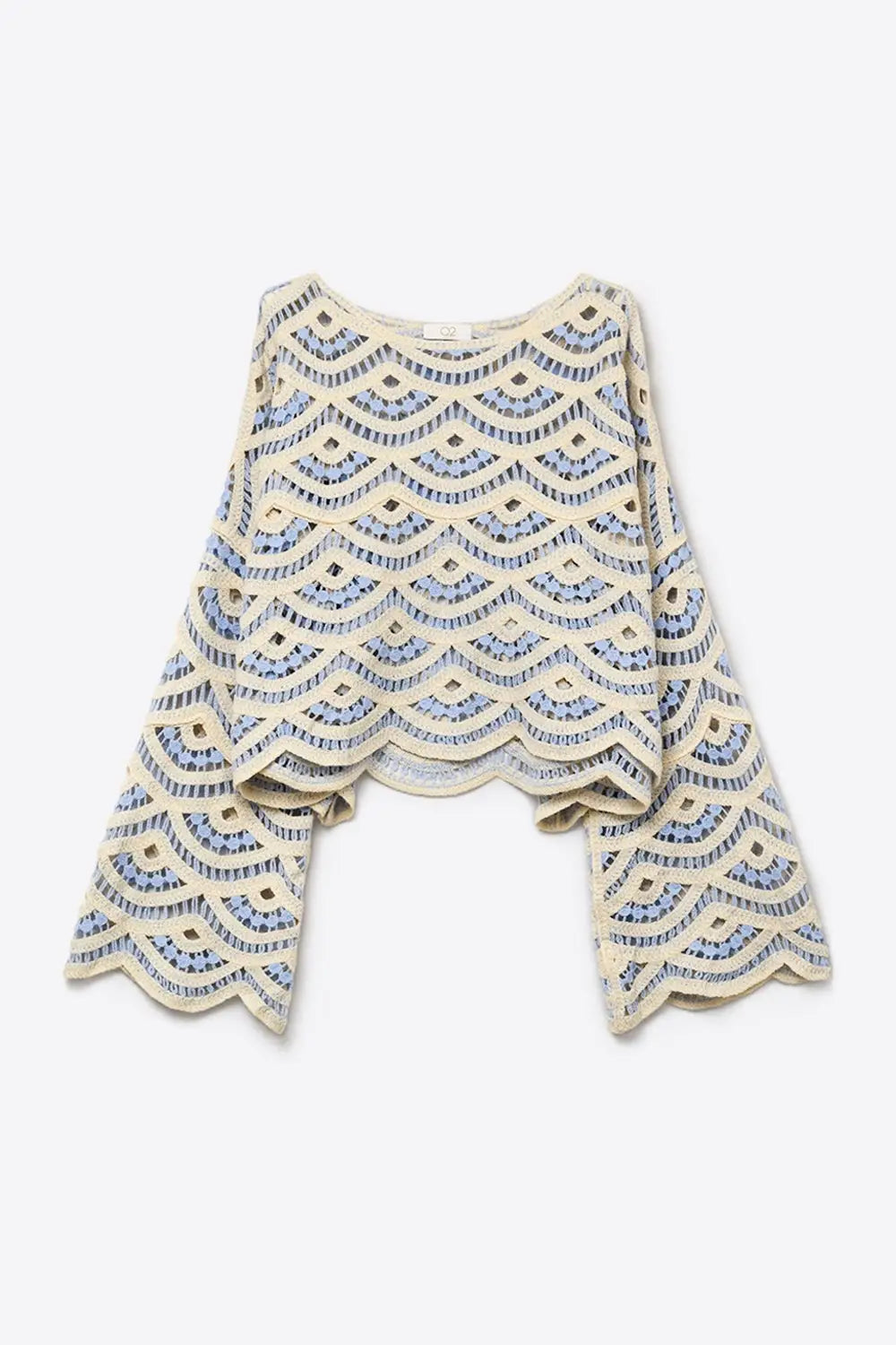 Light Blue Crochet Scalloped Top With Wide Sleeve - One Size / Blue - Sweaters