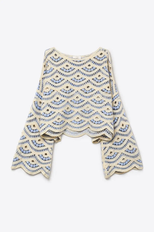 Light Blue Crochet Scalloped Top With Wide Sleeve - One Size / Blue - Sweaters