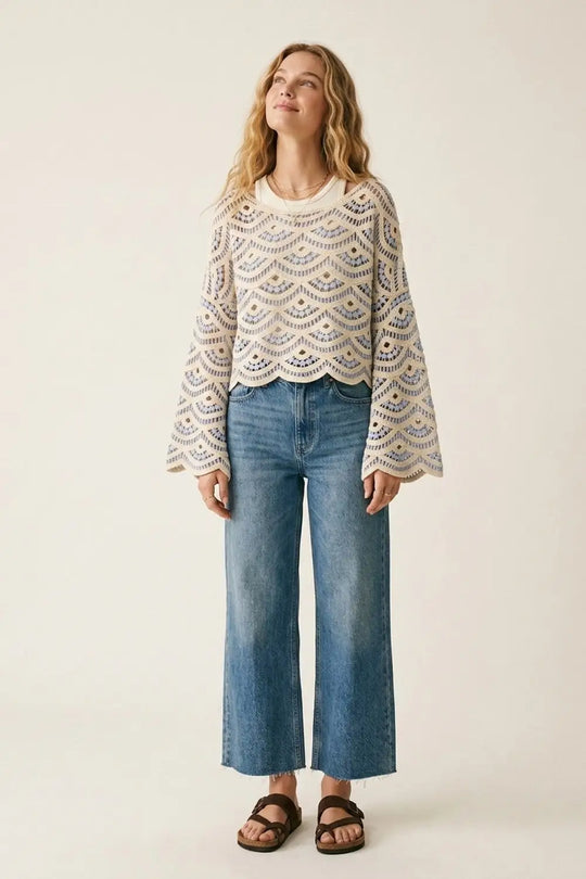 Light Blue Crochet Scalloped Top With Wide Sleeve - One Size / Blue - Sweaters