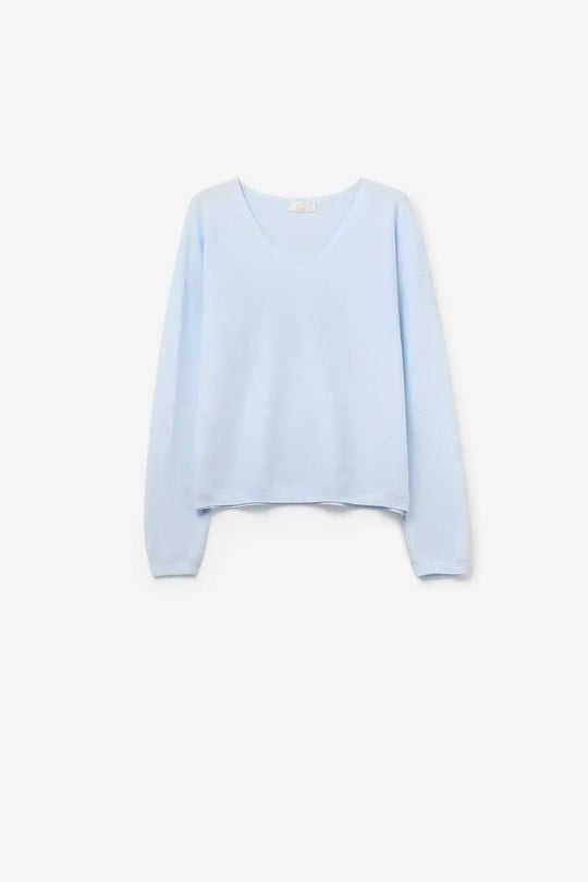 Q2 Light blue Fine Knit V-Neck Sweater with Subtle Linear Texture