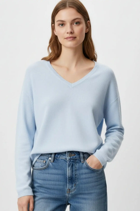 Light blue Fine Knit V-Neck Sweater with Subtle Linear Texture - One Size / Blue