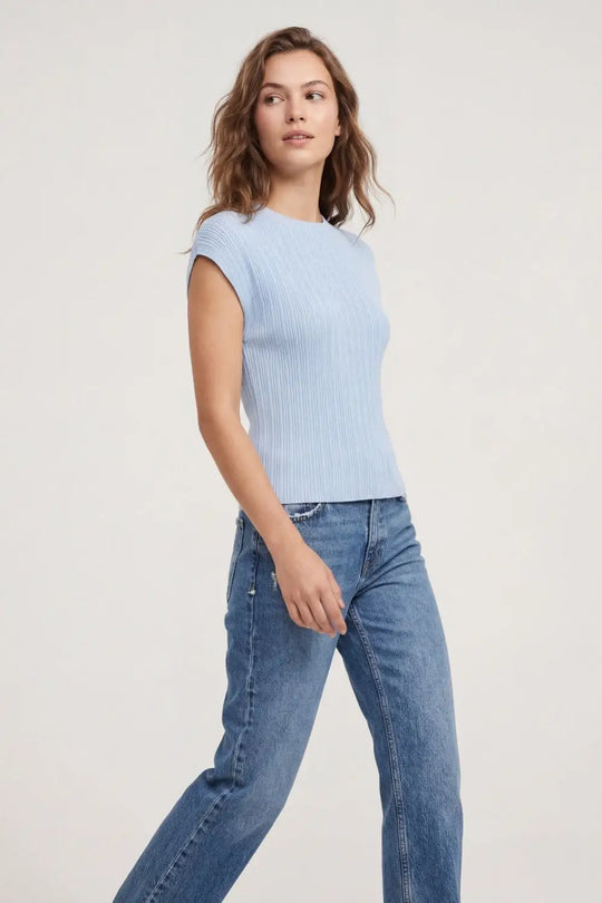 Light Blue fine Ribbed Knit Top with sleeveless - One Size / Blue