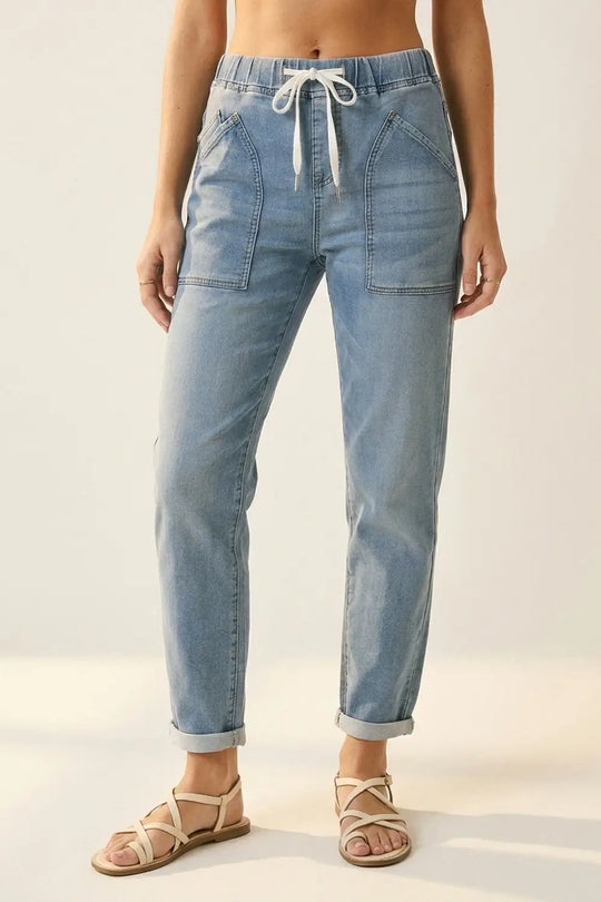 Q2 Light Blue Jogger Style Denim Jeans with Drawstring Waist