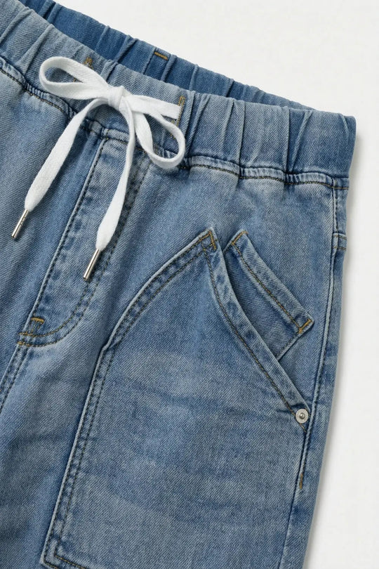 Light Blue Jogger Style Denim Jeans with Drawstring Waist - Jeans