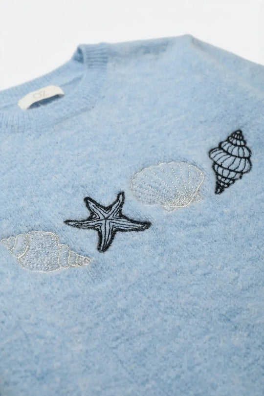 Light Blue Knit Short Sleeve Seashell Sweater - One Size / Blue - Sweaters