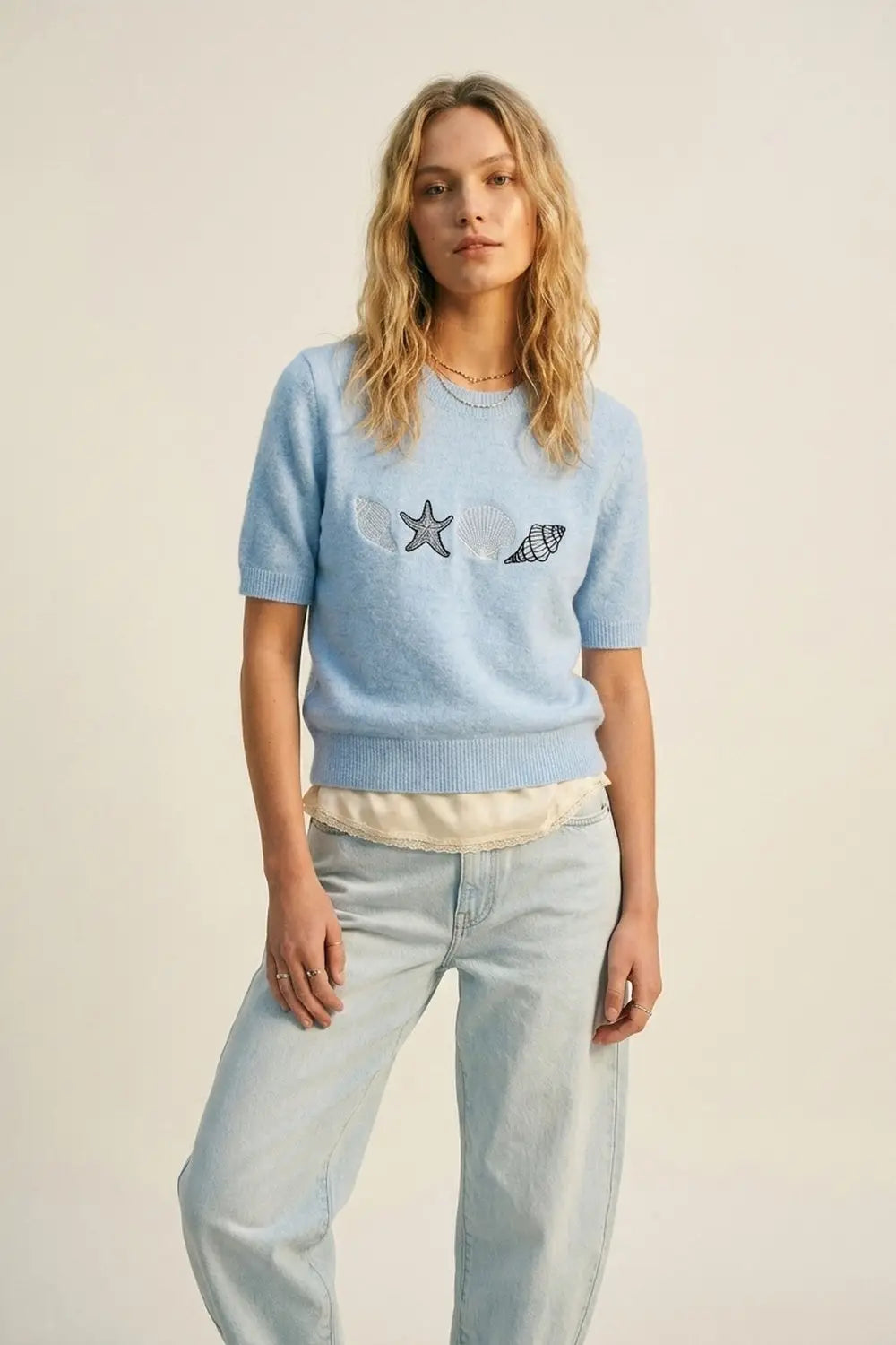 Q2 Light Blue Knit Short Sleeve Seashell Sweater