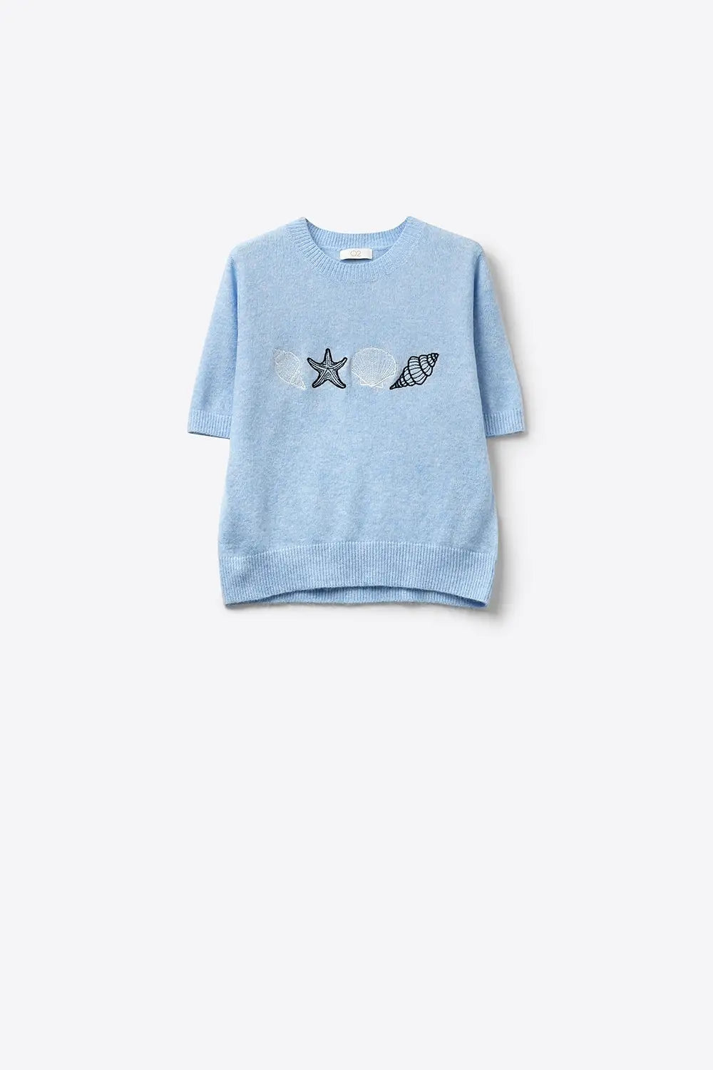 Light Blue Knit Short Sleeve Seashell Sweater - One Size / Blue - Sweaters