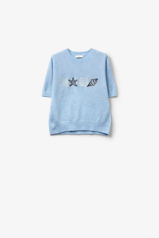 Light Blue Knit Short Sleeve Seashell Sweater - One Size / Blue - Sweaters