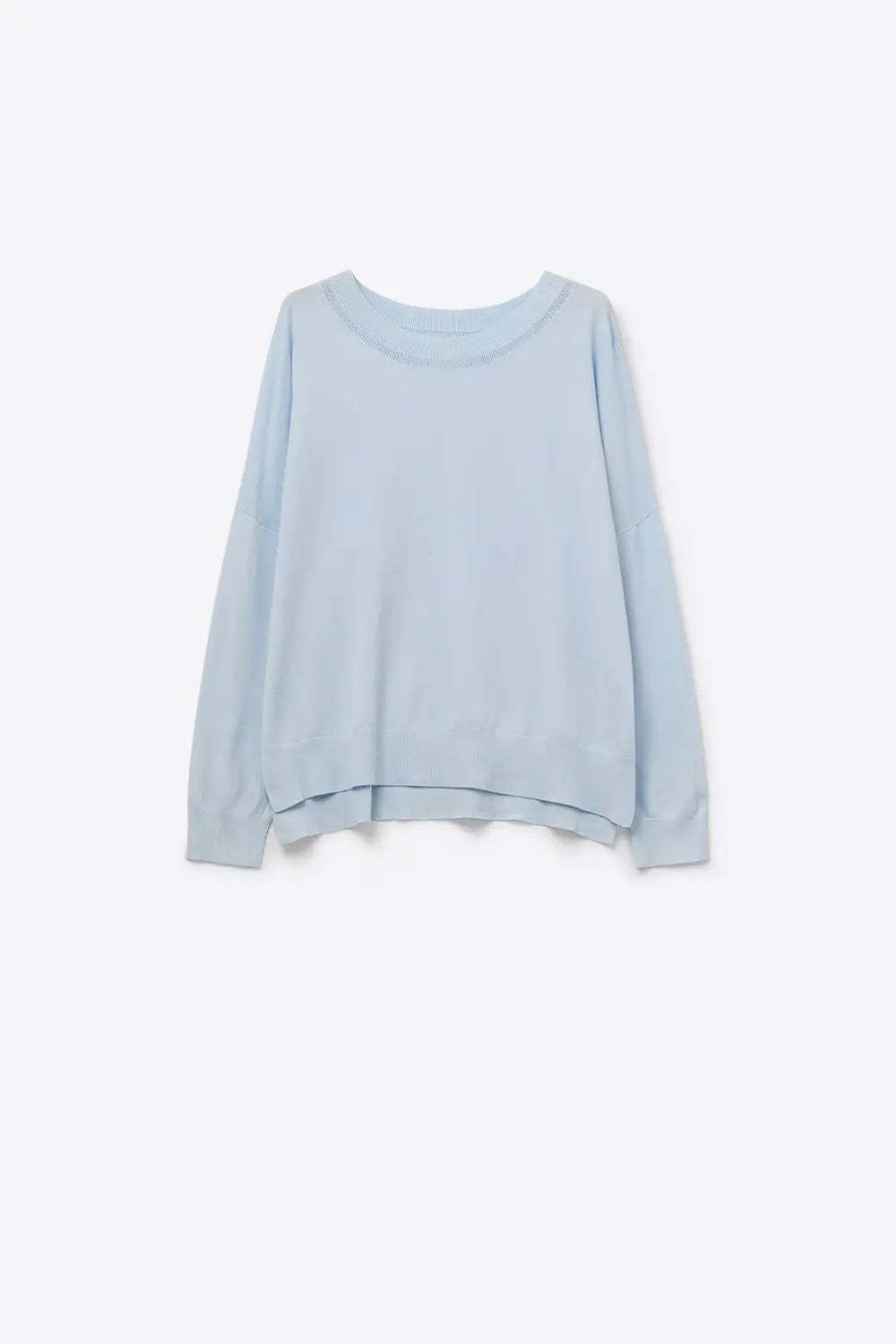 Q2 light blue knit sweater with mesh collar detail