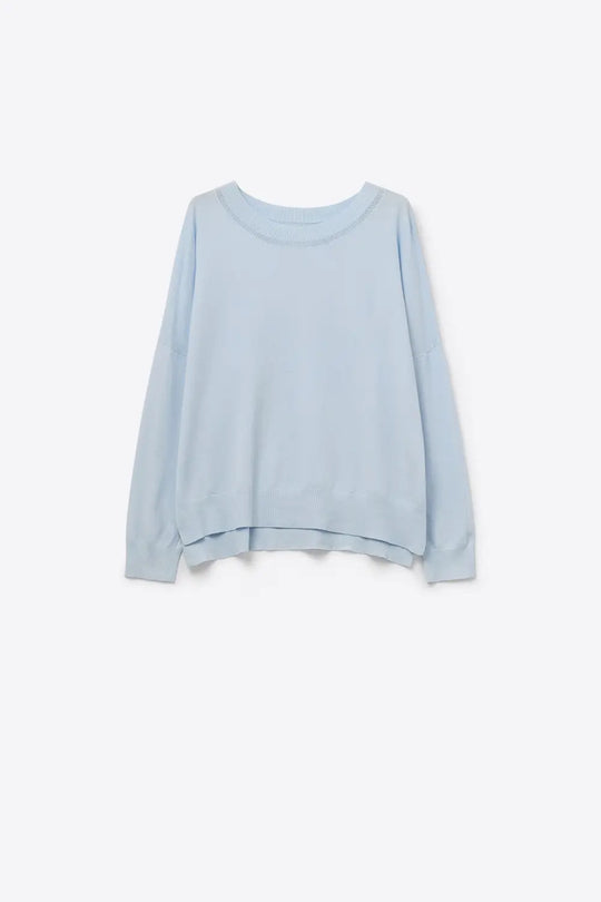Q2 light blue knit sweater with mesh collar detail