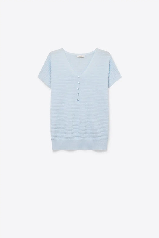 Q2 Light Blue Knit V-Neck Button-Front sweater