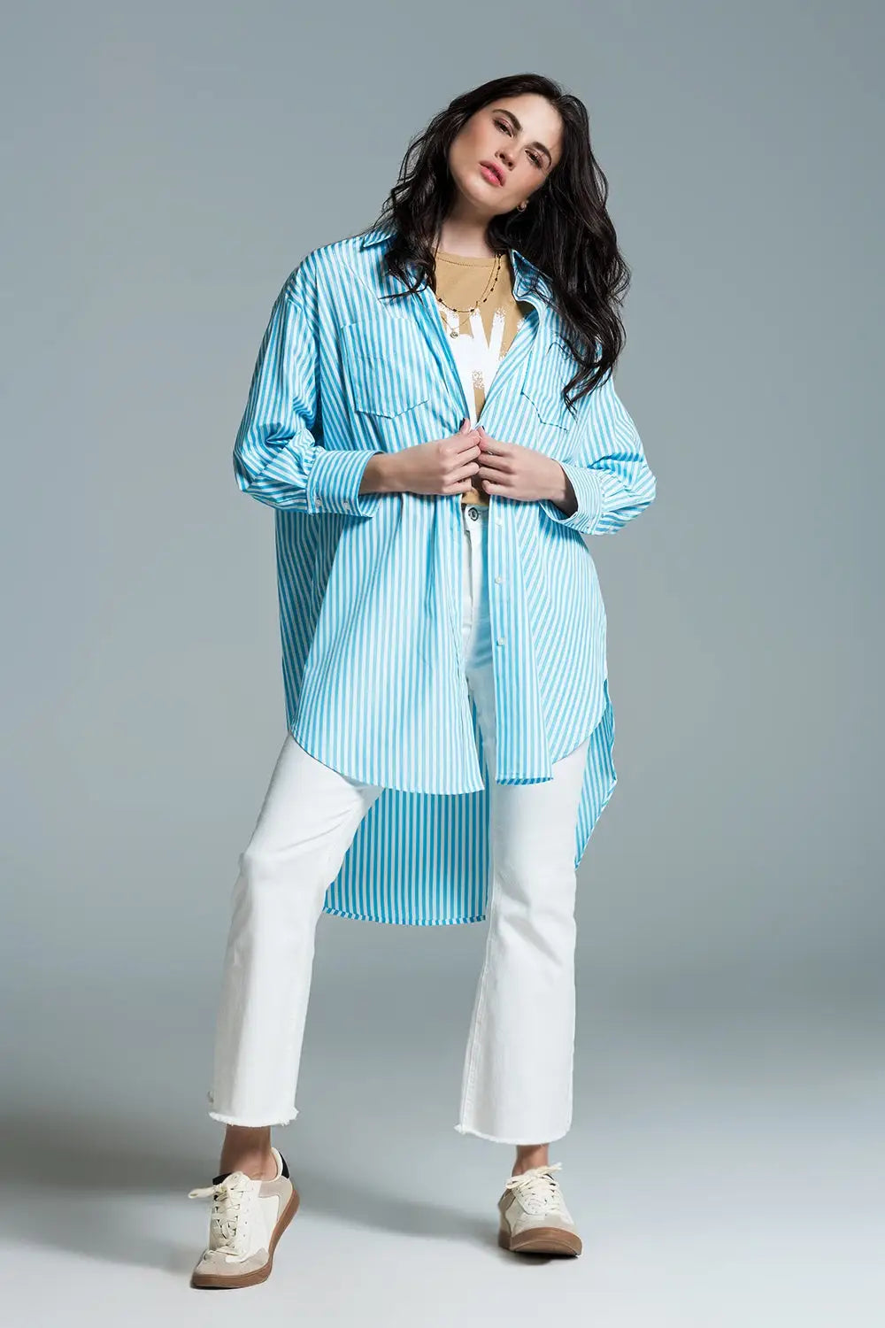Light blue oversized blouse with white stripes - Shirts