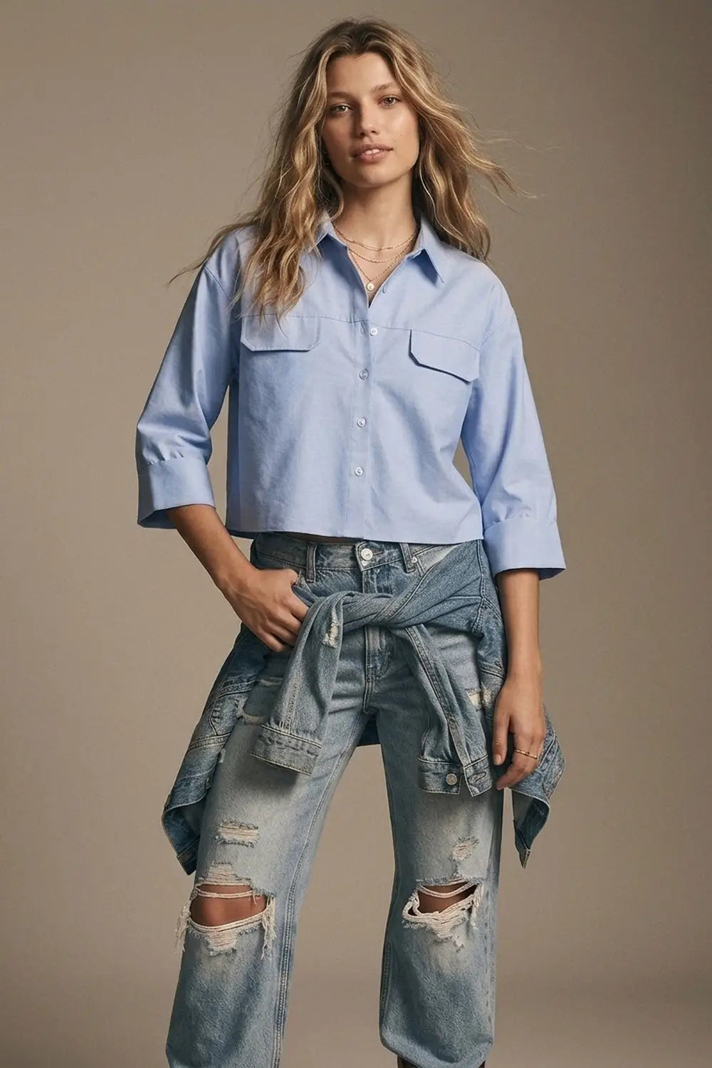 Q2 Light Blue oxford fabric Cropped Shirt with 3/4 sleeves
