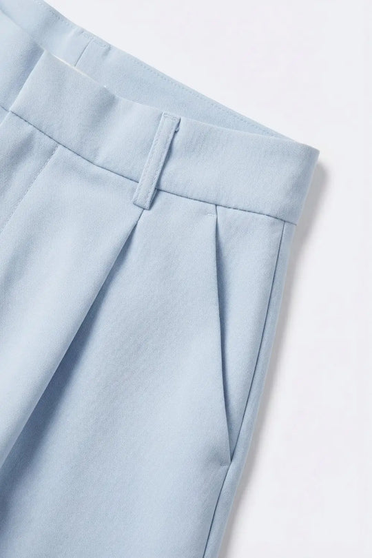 Light Blue Pleated Wide-Leg Shorts with Belt Loops - Pants