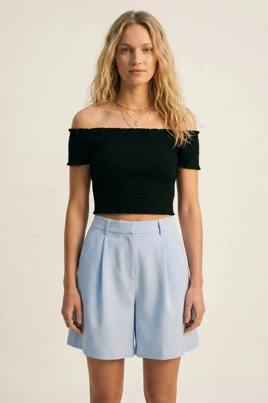 Light Blue Pleated Wide-Leg Shorts with Belt Loops - Pants