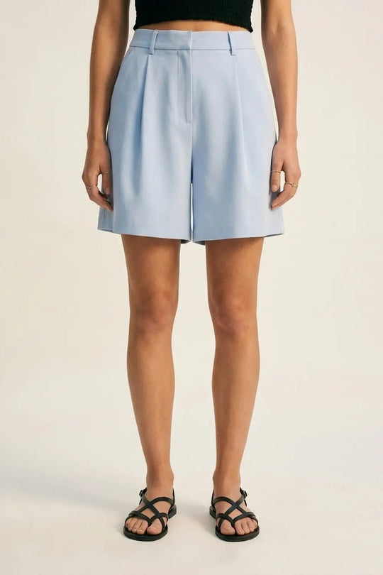 Q2 Light Blue Pleated Wide-Leg Shorts with Belt Loops