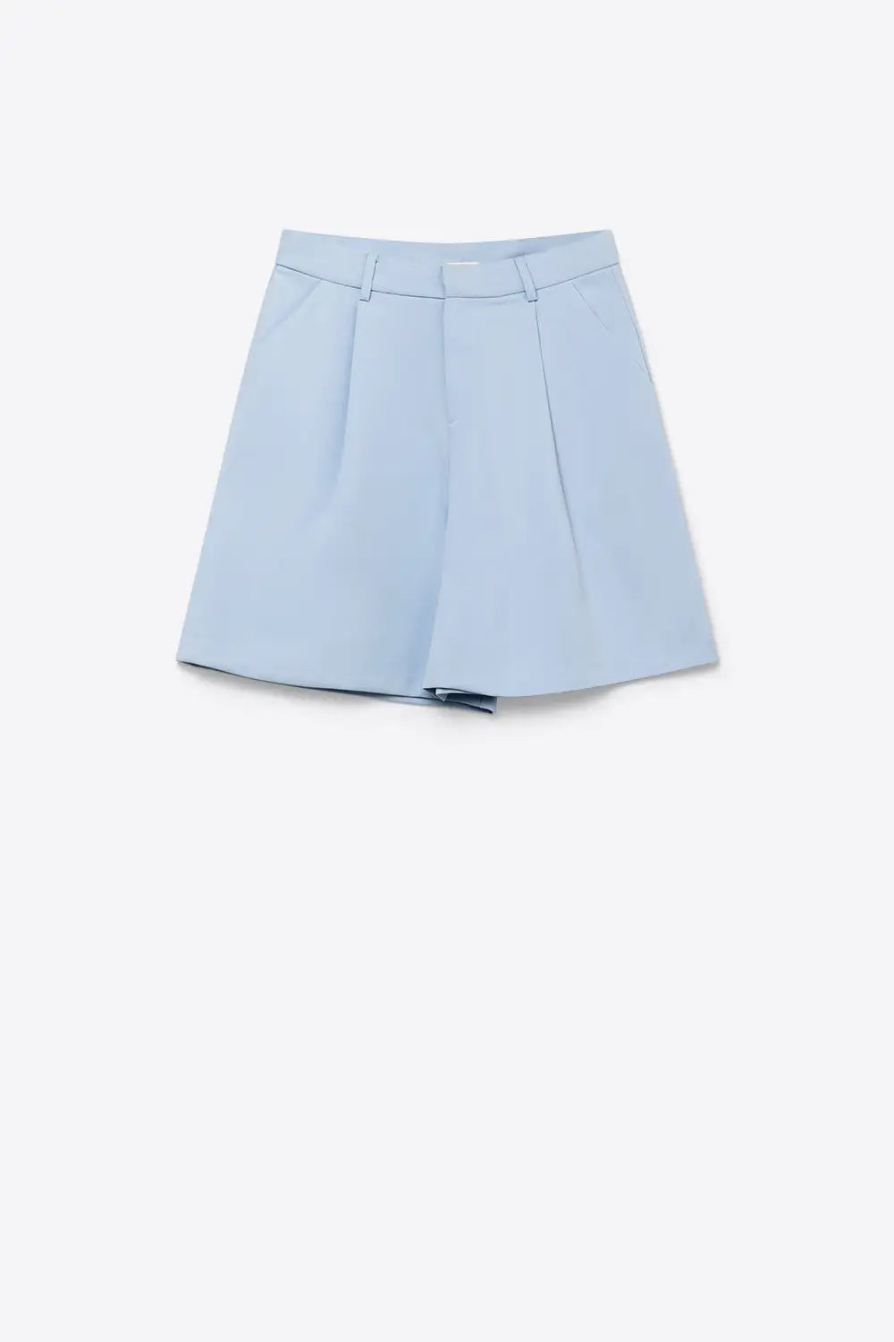 Light Blue Pleated Wide-Leg Shorts with Belt Loops - Pants