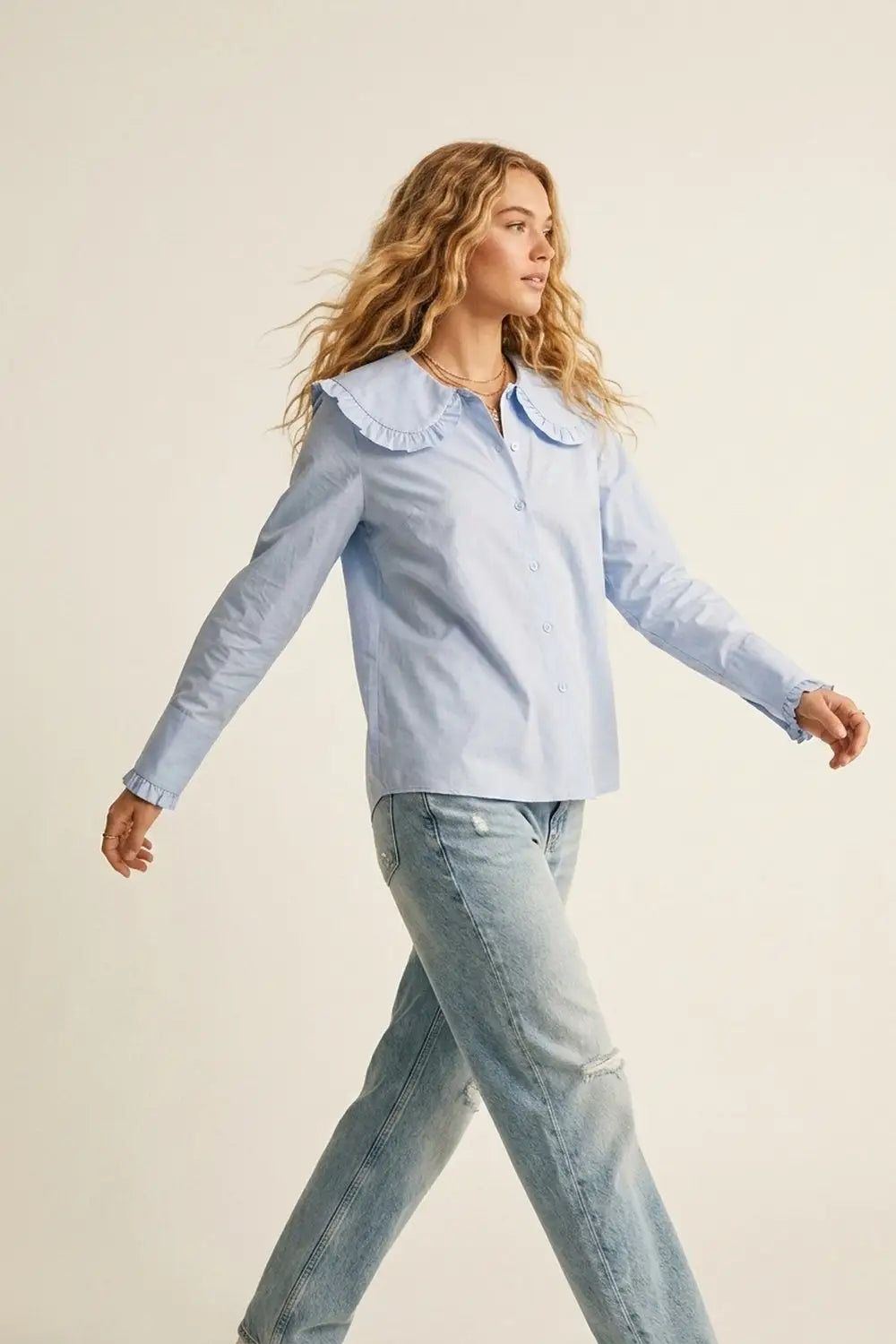 Q2 Light Blue Poplin Ruffle Collar Long Sleeve Regular Fit Shirt