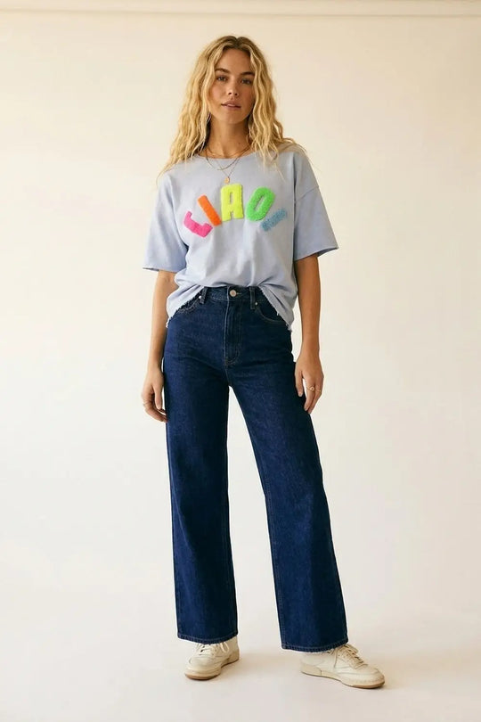 Light Blue Relaxed Fit Graphic sweat with Colorful Text - One Size / Blue - Tops