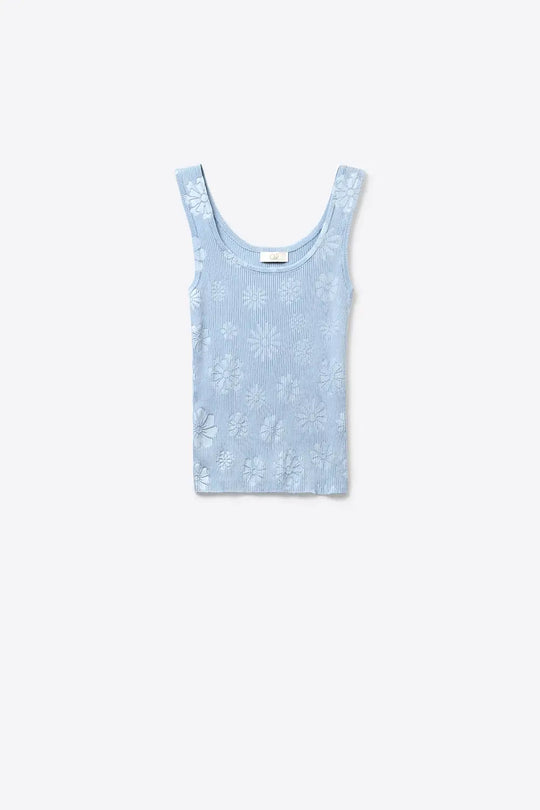 Q2 Light Blue Ribbed Knit Floral Tank Top