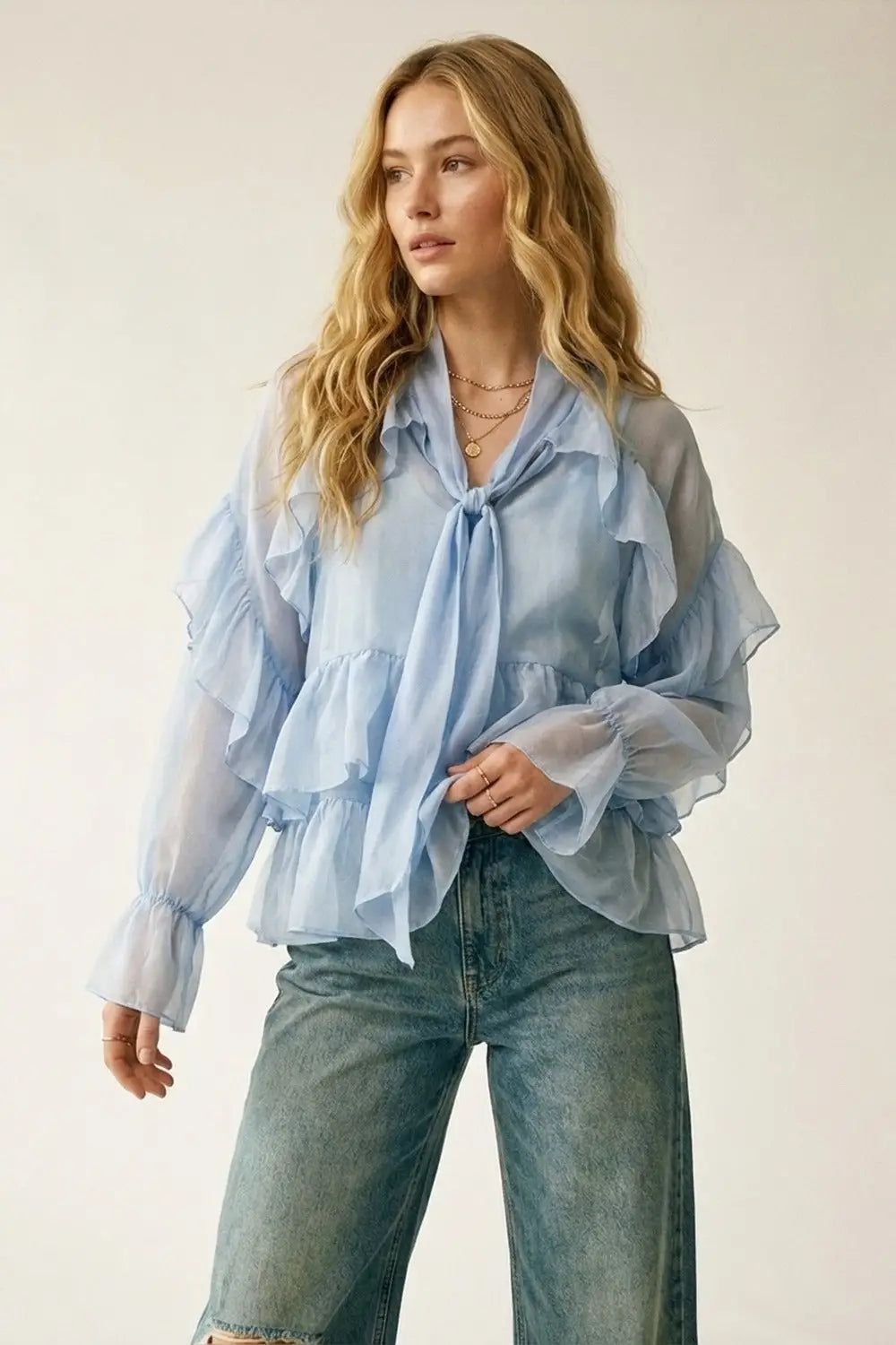 Q2 Light Blue Ruffled Sheer Blouse in chiffon fabric