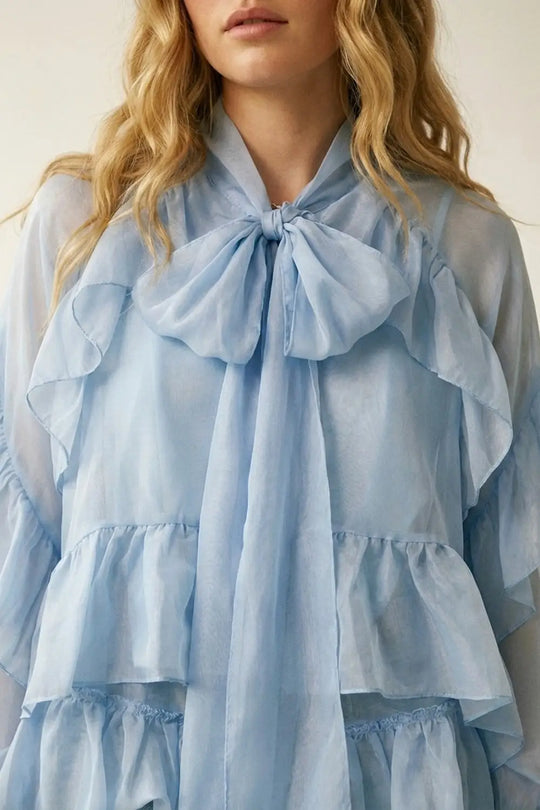 Light Blue Ruffled Sheer Blouse in chiffon fabric - Shirts