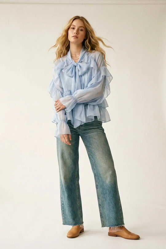 Light Blue Ruffled Sheer Blouse in chiffon fabric - Shirts