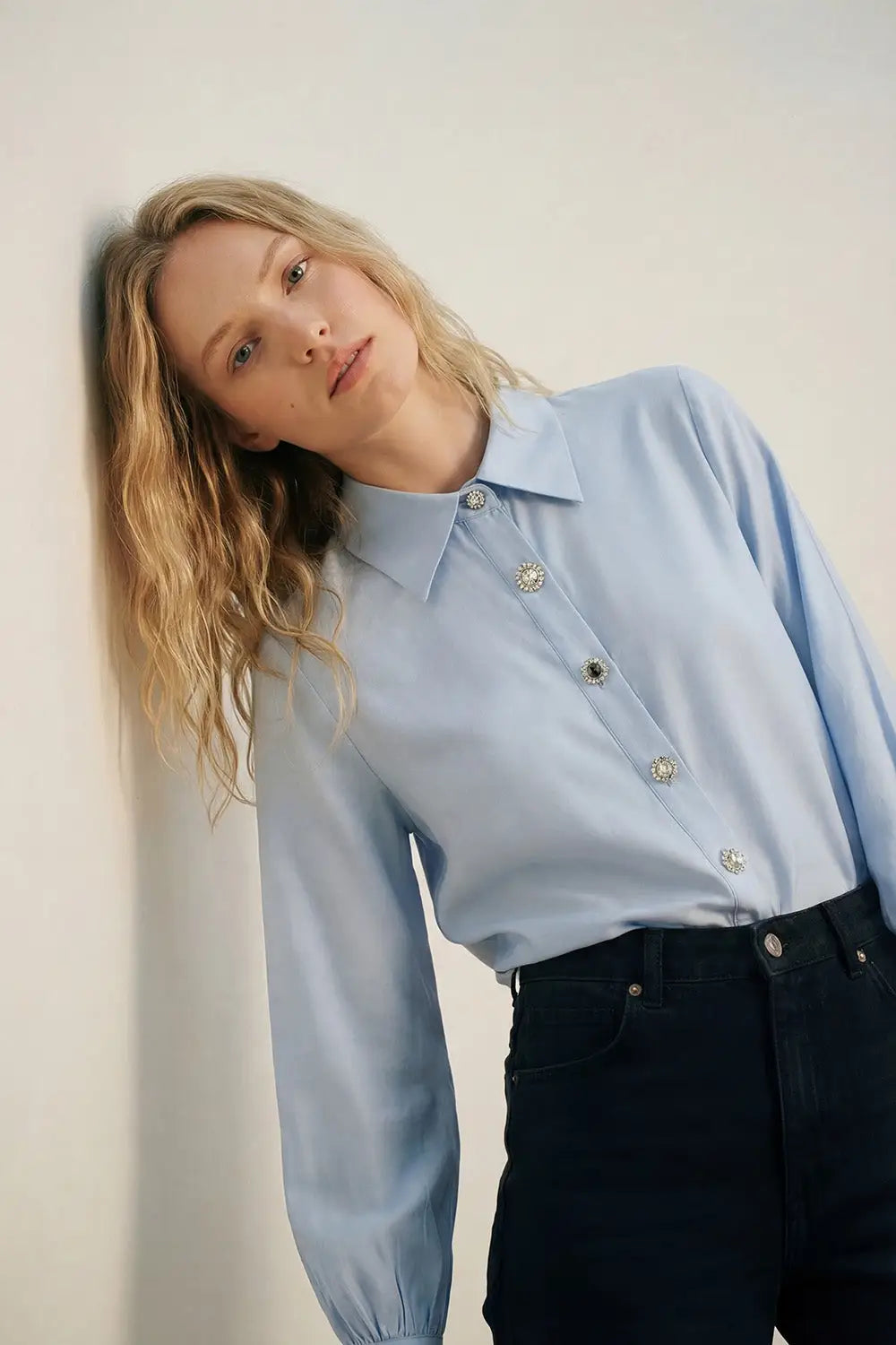 Q2 Light Blue Satin Button-Up Long Sleeve Shirt with two buttons on the cuff