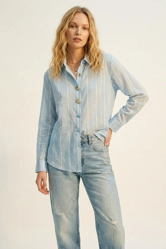 Q2 light blue Sheer shirt with Vintage Button-Up