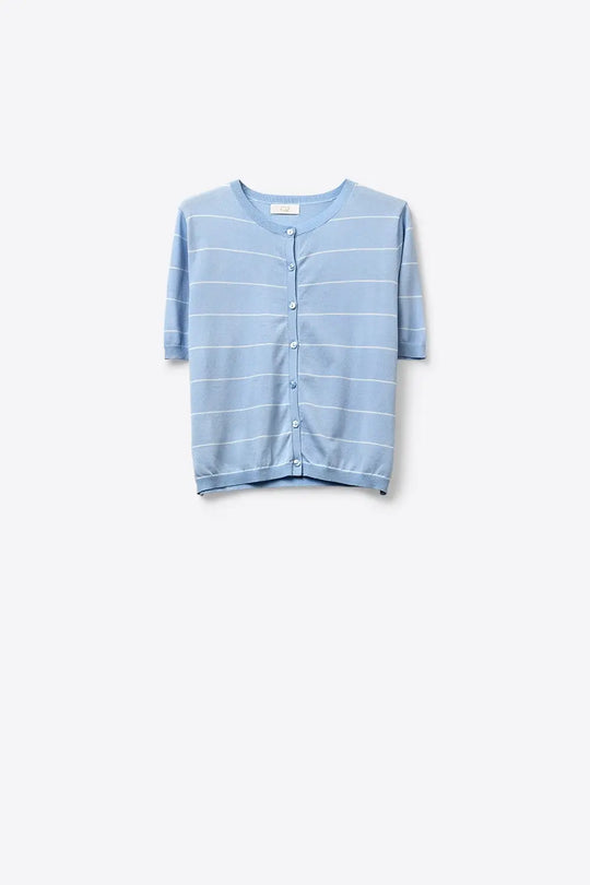 Light Blue Striped Button-Up Knit cardigan with short sleeves - One Size / Blue