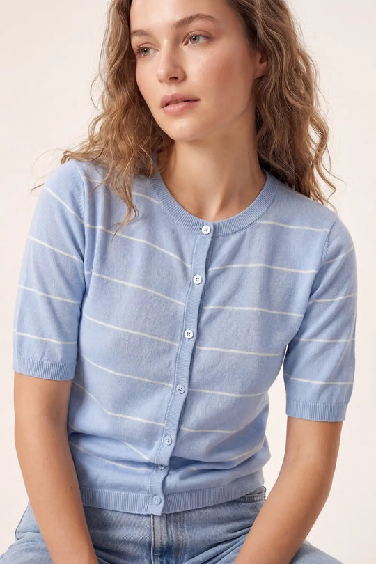 Light Blue Striped Button-Up Knit cardigan with short sleeves - One Size / Blue