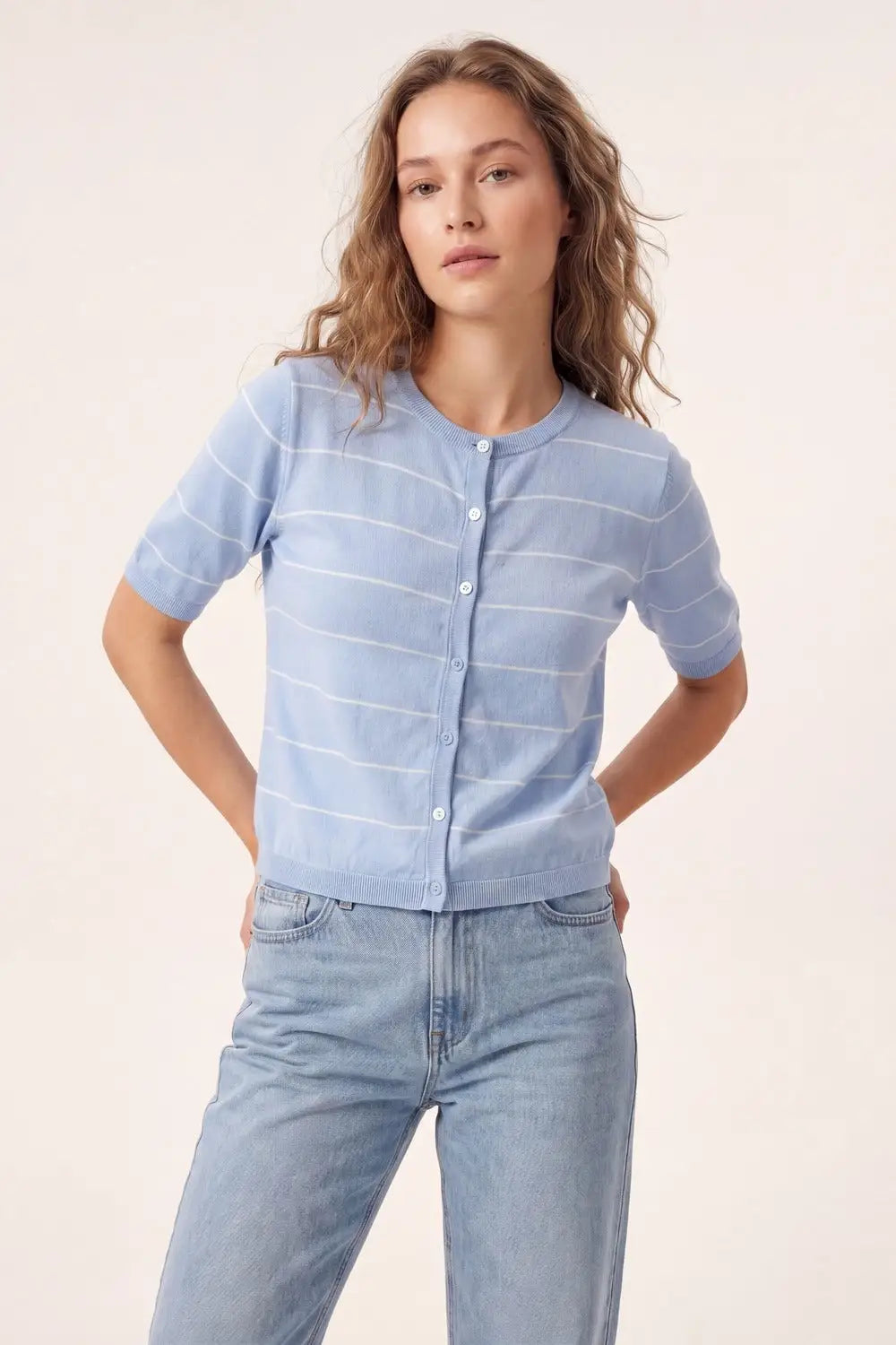 Light Blue Striped Button-Up Knit cardigan with short sleeves - One Size / Blue