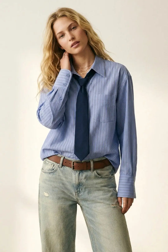 Light Blue Striped Oversize Button-Down Shirt - Shirts