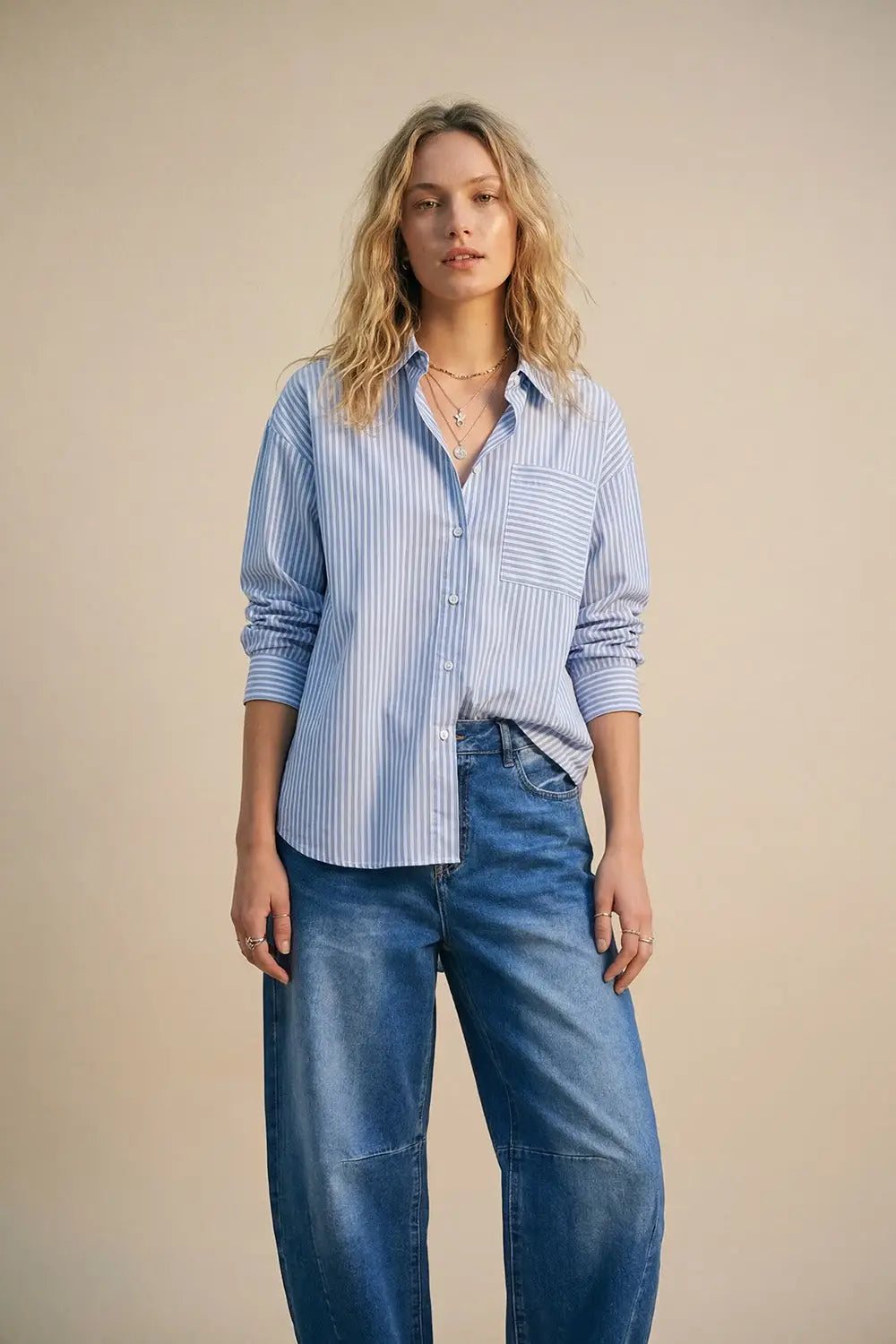 Q2 Light Blue Striped Relaxed Fit Button-Up Shirt