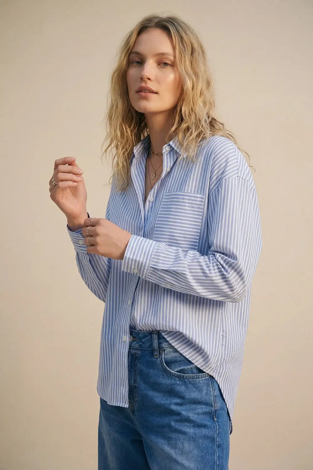 Light Blue Striped Relaxed Fit Button-Up Shirt - Shirts