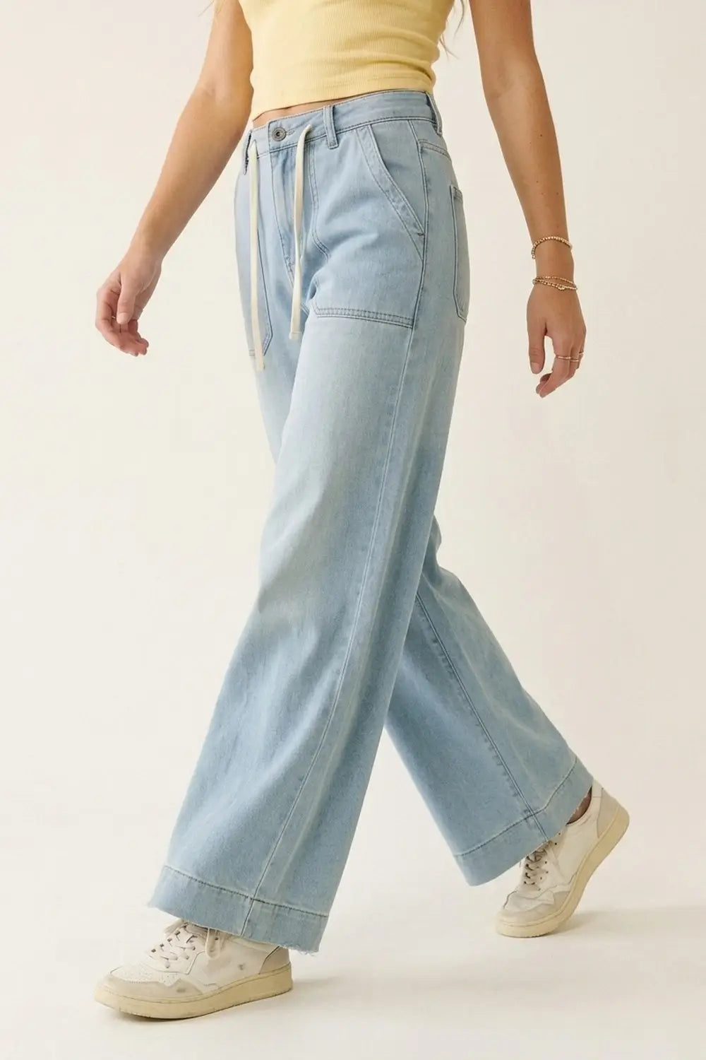 Q2 Light Blue Wide-Leg Denim Pants with Drawstring Waist