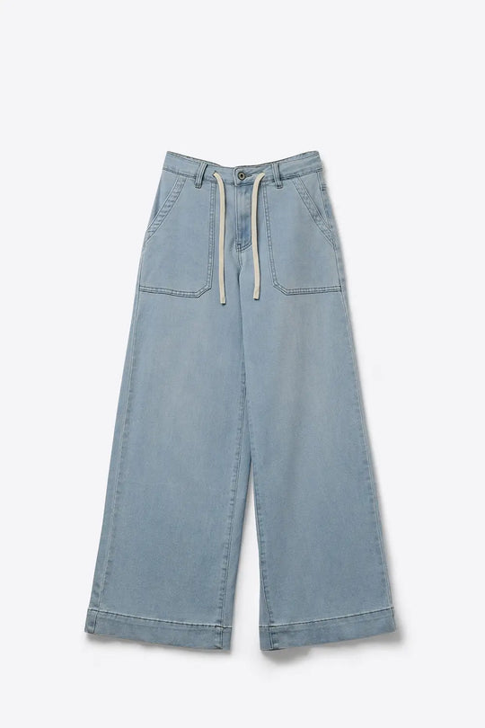Light Blue Wide-Leg Denim Pants with Drawstring Waist - Jeans