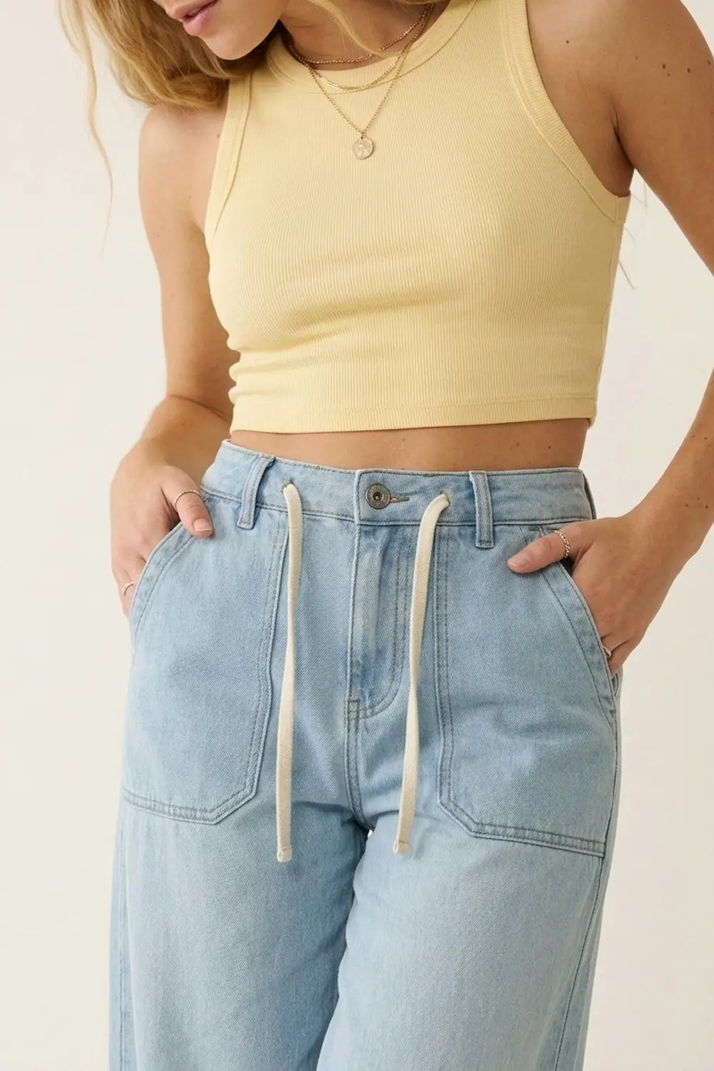 Light Blue Wide-Leg Denim Pants with Drawstring Waist - Jeans