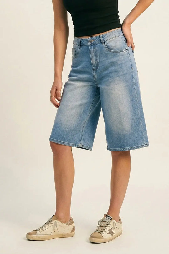 Q2 Light Blue Wide-Leg knee-length denim Bermuda shorts