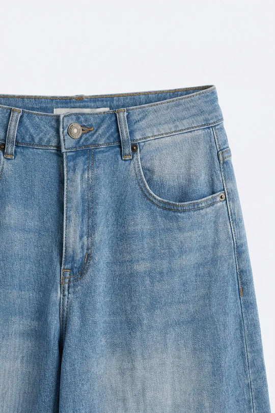 Light Blue Wide-Leg knee-length denim Bermuda shorts - Jeans