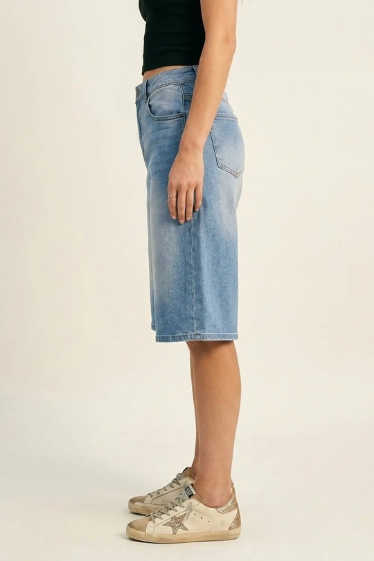 Light Blue Wide-Leg knee-length denim Bermuda shorts - Jeans